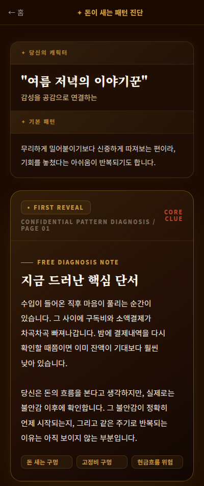 실제 무료 결과 첫 장 화면 예시 - 돈이 새는 패턴